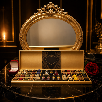 Luxe houten LaDNA collectiekist gevuld met handgemaakte bonbons, truffels en likeuren