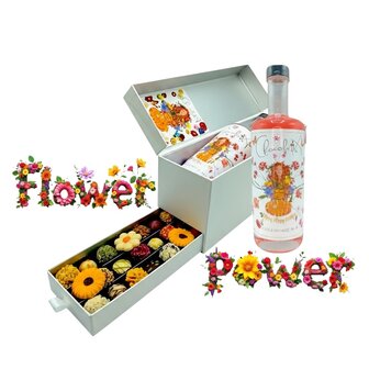 Flower Power ladebox van Chocoseum met bloemenlikeur en 30 handgemaakte bonbons en truffels, stijlvol verpakt als kleurrijk lux