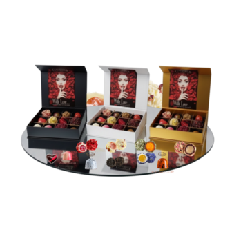 Luxe chocoladebox in verschillende kleuren cadeauverpakkingen voor een romantisch cadeau