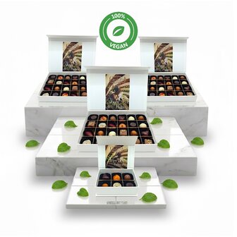 Luxe vegan chocoladebox van Chocoseum met keuze uit 6 verschillende doosjes handgemaakte plantaardige bonbons.