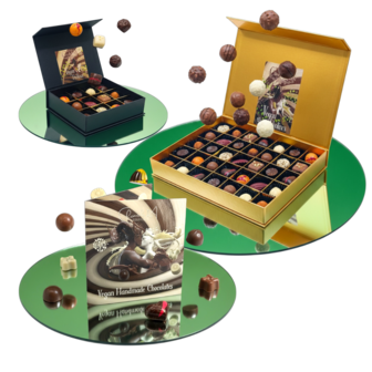 Luxe vegan chocoladebox van Chocoseum met keuze uit 6 verschillende doosjes handgemaakte plantaardige bonbons.