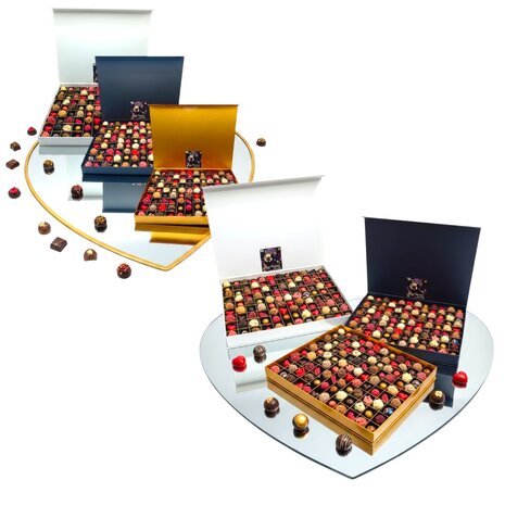 Extra grote luxe huwelijkscadeau chocolade Wedding Box 108 stuks van Chocoseum met handgemaakte bonbons en truffels, romantisch
