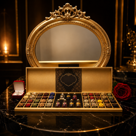 Luxe houten LaDNA collectiekist gevuld met handgemaakte bonbons, truffels en likeuren