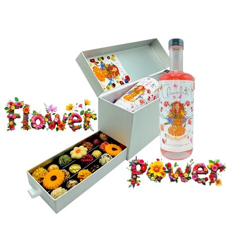 Flower Power ladebox van Chocoseum met bloemenlikeur en 30 handgemaakte bonbons en truffels, stijlvol verpakt als kleurrijk lux