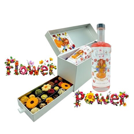 Flower Power ladebox van Chocoseum met bloemenlikeur en 30 handgemaakte bonbons en truffels, stijlvol verpakt als kleurrijk lux