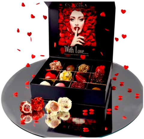 Luxe romantische chocoladebox met 12 handgemaakte bonbons en truffels in elegante cadeaubox