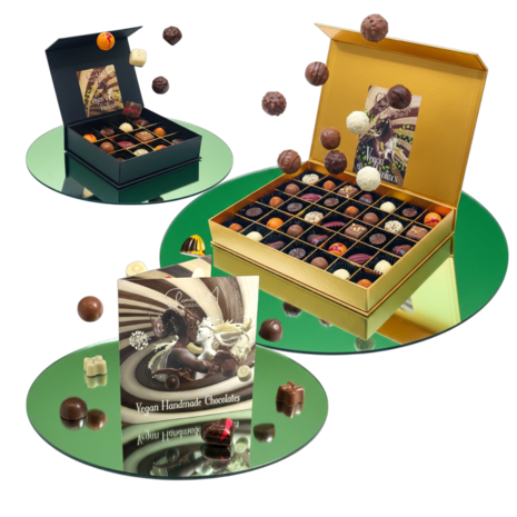 Luxe vegan chocoladebox van Chocoseum met keuze uit 6 verschillende doosjes handgemaakte plantaardige bonbons.